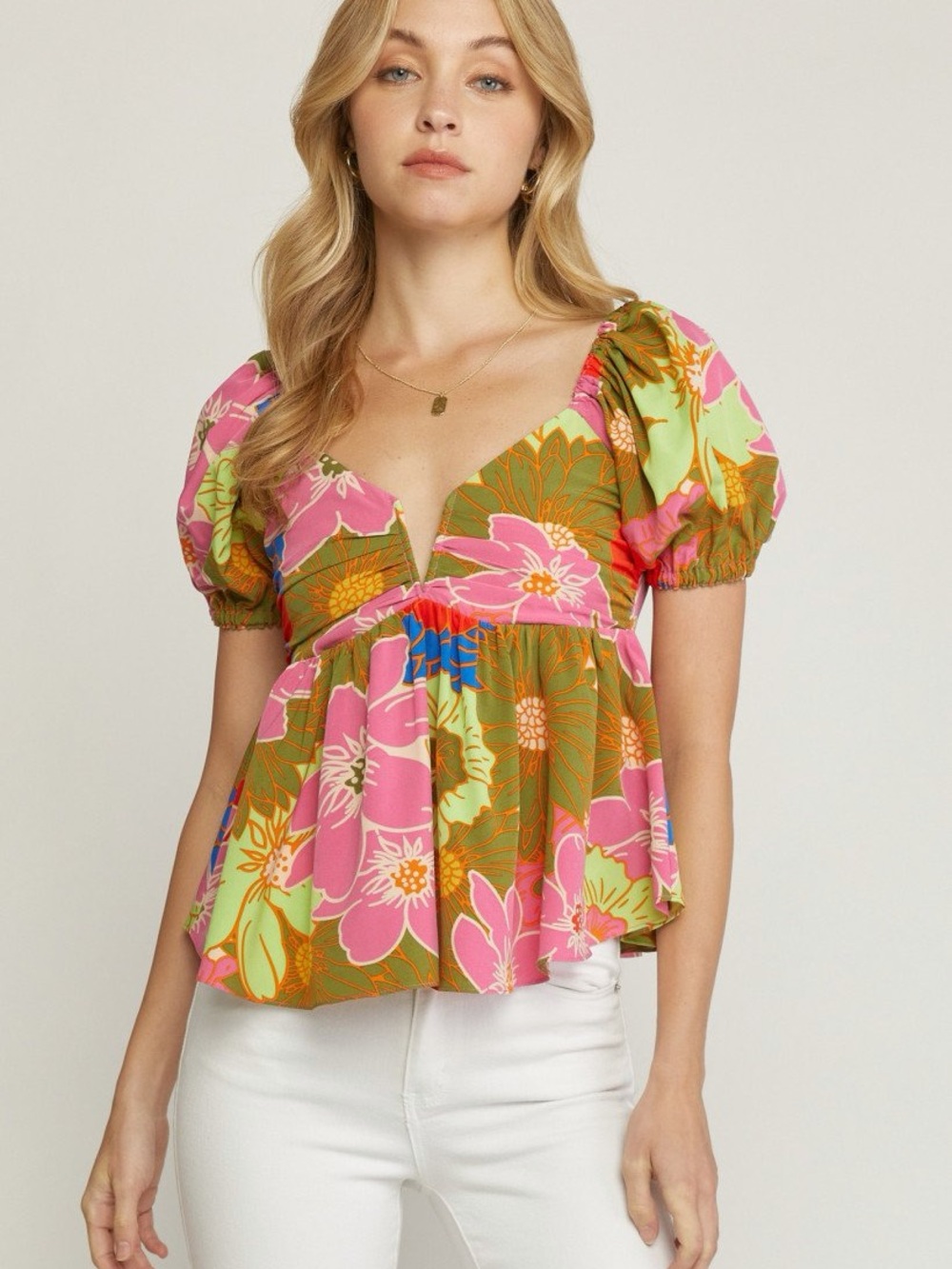 entro Tropical Vibe Top Pink & Olive Floral Puff-Sleeve V-Neck Blouse M